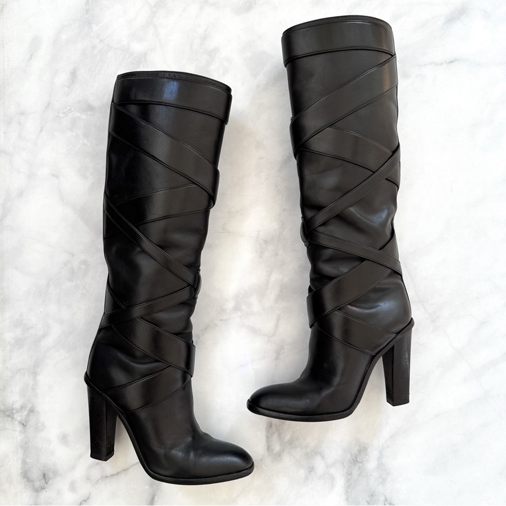 Saint Laurent Strappy Leather Wrap Around Tall Knee High Block Heeled Boot Black